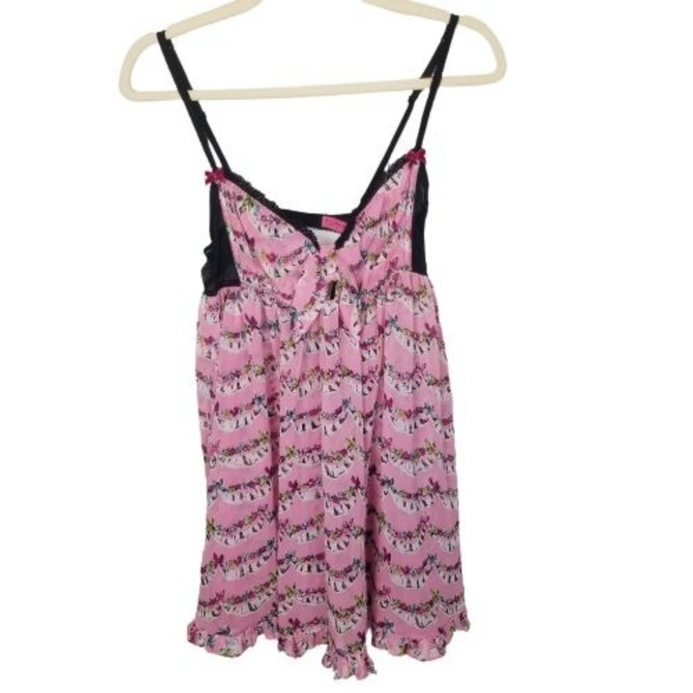 Betsey Johnson Women L Pink Sheer Sleeveless Lingerie Night Gown Neglige Chemise